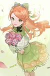  1girl commentary dress etie_(fire_emblem) fire_emblem fire_emblem_engage flower green_dress green_eyes hair_ornament hair_ribbon highres holding holding_flower long_hair looking_at_viewer open_mouth orange_hair ribbon sakura_no_yoru smile solo tiara 