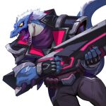  1boy absurdres artist_request blue_skin colored_skin drek&#039;kar_(omega_strikers) gun highres holding holding_gun holding_weapon jacket lizardman non-web_source official_art omega_strikers open_mouth pants scarf solo spiked_arm weapon white_hair yellow_eyes 