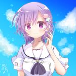  1girl ascot black_ascot blue_sky blush breasts closed_mouth commentary_request cube_hair_ornament day eyelashes hair_between_eyes hair_ornament hand_up highres large_breasts looking_at_viewer mizuori_shizuku one-hour_drawing_challenge outdoors puffy_short_sleeves puffy_sleeves purple_hair sailor_collar school_uniform shirt short_sleeves signature sky smile solo summer_pockets upper_body utuigawa violet_eyes white_sailor_collar white_shirt 