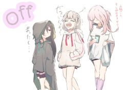  3girls alternate_costume alternate_hairstyle black_hair covered_eyes hair_over_one_eye heaven_burns_red kuryumiru0929 long_hair long_sleeves multiple_girls one_eye_covered pink_hair red_eyes sakuraba_seira tenne_miko very_long_hair white_hair yamawaki_bon_ivar 