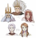  2girls 3boys absurdres bare_shoulders beard blush brother_and_sister brothers brown_hair closed_mouth collarbone company_captain_yorshka cropped_shoulders crown dark_souls_(series) dark_souls_i dark_souls_iii dark_sun_gwyndolin dragon_girl facial_hair family father_and_daughter father_and_son grey_hair gwyn_lord_of_cinder highres long_hair looking_at_viewer multiple_boys multiple_girls nameless_king no_headwear old old_man orange_eyes pointy_ears queen_of_sunlight_gwynevere short_hair siblings simple_background sisters smile translation_request veil white_background zunkome 