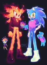  1girl 3boys animal_ears animal_nose argyle_clothes argyle_footwear artist_name black_background blush boots clenched_hands closed_eyes crossover crying dated dress elemental_(movie) ember_(elemental) english_commentary fire full_body furry furry_male green_eyes hand_on_own_hip hedgehog_boy highres jacket long_sleeves looking_at_viewer multiple_boys multiple_views open_mouth pink_boots pink_jacket pink_shirt purple_dress purple_shirt red_eyes shadow_the_hedgehog sharp_teeth shirt short_sleeves simple_background smile sonic_(series) sonic_the_hedgehog standing t-shirt tail teeth two-tone_shirt usheriiu wade_(elemental) water yellow_boots 