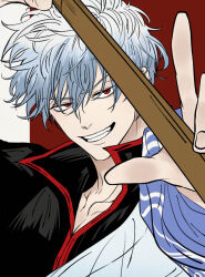  1boy black_shirt blue_hair bokken collarbone commentary commentary_request gintama grin hair_between_eyes high_collar holding holding_sword holding_weapon japanese_clothes kimono long_sleeves looking_at_viewer male_focus messy_hair pike_121 popped_collar red_eyes sakata_gintoki shirt short_hair smile solo sword two-tone_background upper_body weapon white_hair white_kimono wooden_sword 