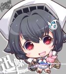  1girl bandana black_hair blue_serafuku blue_shirt blue_skirt brown_shawl character_name chibi hair_between_eyes hair_flaps hair_ornament hairclip highres jingei_(kancolle) kantai_collection kuroneko_(kuroneko_works) long_hair long_sleeves low_ponytail miniskirt neckerchief open_mouth pleated_skirt red_eyes rigging school_uniform serafuku shawl shirt skirt solo thigh-highs torpedo whale_hair_ornament white_bandana white_neckerchief white_thighhighs 