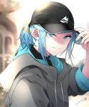  1boy absurdres alternate_costume aqua_eyes aqua_hair baseball_cap black_headwear black_shirt blurry blurry_background closed_mouth commentary_request day grey_hoodie grusha_(pokemon) hand_on_headwear hand_up hat highres hood hood_down hoodie kurota_(hmdstk0801) looking_at_viewer male_focus outdoors pokemon pokemon_(game) pokemon_sv shirt short_ponytail signature smile solo upper_body 