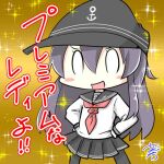  0_0 1girl akatsuki_(kancolle) anchor_symbol black_headwear black_sailor_collar black_skirt blush_stickers commentary_request cowboy_shot gold_background gradient_background grey_hair kantai_collection lowres neckerchief nyonyonba_tarou pantyhose pleated_skirt red_neckerchief sailor_collar school_uniform serafuku shirt signature skirt smile solo sparkle standing translation_request white_shirt 