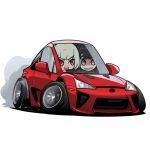  2girls absurdres black_hair blonde_hair blush brown_eyes car chibi driving english_commentary highres holeecrab inoue_takina lexus lexus_lfa lycoris_recoil motor_vehicle multiple_girls nishikigi_chisato open_mouth scared simple_background smile smoke sports_car stance_(vehicle) v-shaped_eyebrows vehicle_focus violet_eyes white_background 