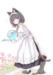  1girl animal animal_ear_fluff animal_ears apron black_cat black_footwear black_hair black_skirt blush cat cat_ears closed_mouth commentary_request flower frilled_apron frills full_body holding juliet_sleeves komugi_(wataame27) long_sleeves maid maid_apron maid_headdress original pantyhose puffy_sleeves purple_flower shirt shoes short_hair simple_background skirt solo violet_eyes wataame27 watering_can white_apron white_background white_pantyhose white_shirt 