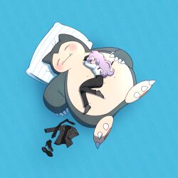  1girl anabel_(pokemon) black_socks blue_background claws closed_eyes fangs full_body highres jacket lying necktie pokemon pokemon_(creature) pokemon_sleep pokemon_sm purple_hair shoes simple_background snorlax socks unworn_jacket unworn_necktie unworn_shoes vergolophus 