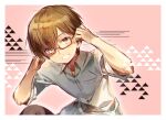  1boy border brown-framed_eyewear brown_hair casual chi_no commentary_request dress_shirt eyes_visible_through_hair glasses grin hair_between_eyes hands_up leaning_forward light_blush looking_at_viewer pink_background semi-rimless_eyewear shirt short_hair short_sleeves simple_background smile solo summer_pockets takahara_hairi upper_body white_border white_shirt 