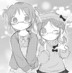  2girls bow glasses hair_ornament hair_ribbon hairclip lottie monochrome multiple_girls non-web_source one_eye_closed original ribbon short_hair short_twintails twintails v 