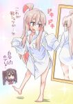  ahoge barefoot blonde_hair blush check_translation dress_shirt full_body genderswap genderswap_(mtf) hair_ribbon kou_oishi lab_coat looking_at_mirror mars_symbol mirror no_pants onii-chan_wa_oshimai! open_mouth orange_eyes oyama_mahiro oyama_mihari pink_hair ribbon shirt siblings sisters sleeves_past_wrists sweatdrop translation_request twintails 