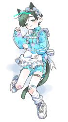  1girl animal_ears apron baggy_clothes bandaid bandaid_on_knee bandaid_on_leg bandaid_on_thigh blue_jacket blush cat_ears cat_girl cat_symbol cat_tail futsuu_no_keion-bu green_eyes green_hair gym_uniform highres jacket jersey_maid kemonomimi_mode kouyama_rin loose_socks maid maid_apron maid_headdress paw_pose paw_print pixie_cut rra_(yj) shoes short_hair sneakers socks solo tail thigh_strap track_jacket unconventional_maid white_shoes zipper 