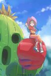  1girl 1other aliyo_(d9awrfg6u0w3g5u) belt blue_sky boxing_gloves brown_belt brown_eyes brown_hair cactus day digimon digimon_(creature) dress gloves hat highres looking_at_viewer outdoors pink_headwear plant_monster red_dress red_gloves sandals sky spikes tachikawa_mimi togemon watermark 