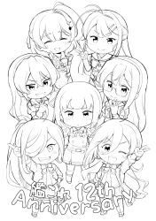  ahoge anniversary asashimo_(kancolle) asashimo_kai_ni_(kancolle) ashigara_(kancolle) ashigara_kai_ni_(kancolle) blunt_bangs chibi closed_eyes copyright_name dress greyscale grin highres index_finger_raised kantai_collection kasumi_(kancolle) kasumi_kai_ni_(kancolle) kaya_(kancolle) kiyoshimo_(kancolle) kiyoshimo_kai_ni_(kancolle) lineart long_hair looking_at_viewer monochrome ooyodo_(kancolle) ooyodo_kai_(kancolle) pinafore_dress pleated_dress school_uniform serafuku sharp_teeth short_hair sleeveless sleeveless_dress smile standing sugi_(kancolle) teeth tenshin_amaguri_(inobeeto) v 