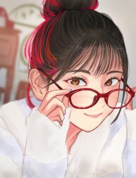  1girl animification black_hair blue_nails blurry blurry_background brown_eyes closed_mouth commentary dutch_angle glasses hair_bun highres long_sleeves looking_at_viewer multicolored_hair pink_nails real_life red-framed_eyewear single_hair_bun sleeves_past_wrists smile solo streaked_hair sweater tengoku_nara voice_actor white_sweater yabushima_akane 