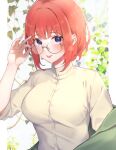  1girl :p adjusting_eyewear alternate_costume blue_eyes blunt_bangs blush breasts buttons casual closed_mouth commentary eyelashes glasses go-toubun_no_hanayome hair_down hand_up highres kakato_0 large_breasts leaf long_sleeves looking_at_viewer nakano_nino off_shoulder redhead round_eyewear shirt short_hair sidelocks simple_background smile solo straight_hair tongue tongue_out upper_body white_background white_shirt 
