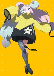  1girl :o aoi_(altea0923) boots bow-shaped_hair character_hair_ornament commentary green_hair grey_footwear grey_pantyhose hair_ornament highres iono_(pokemon) jacket long_hair long_sleeves multicolored_hair pantyhose pink_hair pokemon pokemon_(game) pokemon_sv single_leg_pantyhose sleeves_past_fingers sleeves_past_wrists solo star_(symbol) star_print thigh_strap twintails two-tone_hair yellow_background yellow_jacket 