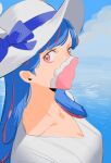  1girl ahoge blue_hair blue_sky clouds covered_mouth curled_horns day dinosaur_girl horns long_hair looking_at_viewer mask mouth_mask multicolored_hair ocean one_piece outdoors pink_eyes pink_hair pink_mask raine_(acke2445) shirt sky solo streaked_hair ulti_(one_piece) water white_headwear white_shirt 