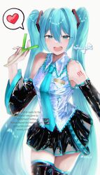  1girl absurdres aqua_eyes aqua_hair black_thighhighs collar detached_sleeves hatsune_miku highres long_hair looking_at_viewer necktie number_tattoo open_mouth skellychan skirt smile spring_onion tattoo thigh-highs twintails very_long_hair vocaloid 