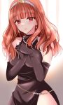  1girl alternate_costume bare_shoulders black_dress black_gloves blunt_bangs breasts celica_(fire_emblem) dress earrings elbow_gloves fire_emblem fire_emblem_echoes:_shadows_of_valentia gloves hairband highres jewelry kirishima_riona long_hair looking_at_viewer medium_breasts necklace own_hands_clasped own_hands_together pearl_necklace red_eyes redhead smile solo 