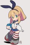  1girl animal_ears blonde_hair blue_skirt boots chibi closed_mouth fake_animal_ears full_body green_eyes hair_between_eyes highres kantai_collection looking_at_viewer mega_man_(character) mega_man_(series) miniskirt miyata_(lhr) ponytail rabbit_ears roll_(mega_man) shimakaze_(kancolle) sidelocks simple_background skirt smile striped striped_thighhighs stuffed_toy thigh-highs white_background 