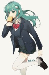  1girl absurdres alternate_costume bag black_jacket black_shoes bread bread_slice breasts food food_in_mouth frog_hair_ornament from_side green_eyes grey_background grey_hair hair_ornament highres jacket kochiya_sanae long_hair long_sleeves medium_breasts mouth_hold neckerchief plaid_clothes plaid_skirt red_neckerchief school_bag school_uniform shimiya_jin shirt shoes skirt solo thigh-highs toast toast_in_mouth touhou white_shirt white_thighhighs 