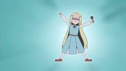  1girl arms_up blonde_hair blue_dress brown_shoes dress head-mounted_display highres holding holding_microphone legs_apart long_hair mahou_shoujo_ni_akogarete microphone morino_korisu parody sawasode scene_reference shoes socks solo spongebob_squarepants_(series) standing the_spongebob_squarepants_movie white_socks 