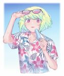  1boy alternate_costume blue_background border commentary eyewear_on_head floral_print food gradient_background green_hair hand_up hawaiian_shirt highres holding holding_food holding_popsicle kome_1022 lio_fotia male_focus otoko_no_ko popsicle promare shirt short_hair solo sunglasses sweat symbol-only_commentary tongue tongue_out violet_eyes white_border 