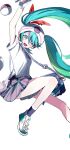  1girl :d absurdres aqua_hair arm_up bag beanie blue_bag blue_eyes collared_shirt gloves green_hair grey_skirt hair_between_eyes hair_ribbon hat hatsune_miku headphones highres long_hair looking_at_viewer multicolored_hair ok_o_o open_mouth plaid plaid_skirt pleated_skirt poke_ball poke_ball_(basic) pokemon polo_shirt project_voltage psychic_miku_(project_voltage) red_ribbon ribbon shirt shoes short_sleeves shoulder_bag simple_background skirt smile sneakers socks solo twintails very_long_hair vocaloid white_background white_footwear white_gloves white_headwear white_shirt 