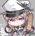  1girl aircraft airplane black_gloves black_pantyhose black_skirt blonde_hair capelet character_name chibi flight_deck gloves graf_zeppelin_(kancolle) hair_between_eyes hat highres kantai_collection kuroneko_(kuroneko_works) long_hair military_hat military_uniform miniskirt pantyhose peaked_cap pleated_skirt rigging sidelocks skirt solo twintails uniform violet_eyes 