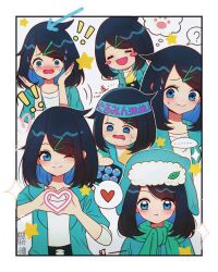  ! !! ... 1girl :d :o ;) ? @_@ absurdres alynn610 black_hair blue_eyes blue_hair blue_hat blue_jacket blush blush_stickers border closed_mouth colored_inner_hair hair_ornament hairclip hat headband heart heart_hands highres jacket liko_(pokemon) looking_at_viewer multicolored_hair multiple_views nidothing one_eye_closed open_mouth pokemon pokemon_(anime) pokemon_horizons pout scarf shirt smile spoken_ellipsis spoken_question_mark star_(symbol) sweat sweatdrop three-quarter_sleeves two-tone_hair upper_body white_border white_shirt 