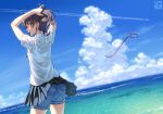  1girl adjusting_hair artist_logo clouds contrail hair_tie_in_mouth horizon long_hair looking_back mouth_hold ocean original pairan school_uniform short_shorts short_sleeves shorts shorts_under_skirt skirt sky solo uniform yellow_eyes 