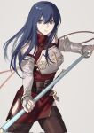  1girl armor blue_eyes blue_hair breastplate caeda_(fire_emblem) elbow_gloves fingerless_gloves fire_emblem fire_emblem:_mystery_of_the_emblem gloves highres long_hair mik_blamike pantyhose parted_lips polearm red_shirt shirt solo teeth v-shaped_eyebrows weapon white_background white_gloves 