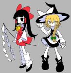  2girls apron black_eyes black_footwear black_hair black_headwear black_skirt black_vest blonde_hair blunt_bangs boots braid buttons collared_shirt detached_sleeves dmebgsa3 frilled_hat frills gohei green_ribbon grey_background hair_ribbon hair_tubes hakurei_reimu hat hat_ornament hat_ribbon holding holding_gohei holding_weapon kirisame_marisa kneehighs long_hair long_sleeves looking_to_the_side mini-hakkero multicolored_clothes multicolored_shirt multiple_girls neckerchief pale_skin ponytail red_ribbon red_shirt red_skirt ribbon ribbon_braid shirt shoes sidelocks simple_background single_braid skirt sleeveless sleeves_past_wrists smile socks sweater touhou turtleneck turtleneck_sweater vest waist_apron weapon white_apron white_ribbon white_socks white_sweater wide_sleeves witch witch_hat yellow_eyes yellow_neckerchief yin_yang yin_yang_print 