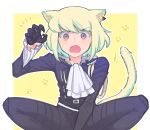  1boy animal_ears ascot belt black_jacket black_pants blonde_hair border cat_boy cat_ears cat_tail claw_pose claws earrings gloves half_gloves highres jacket jewelry kemonomimi_mode kome_1022 lio_fotia male_focus multiple_belts open_mouth otoko_no_ko pants paw_print paw_print_background promare short_hair sidelocks single_earring solo squatting tail thigh_belt thigh_strap triangle_earrings v-shaped_eyebrows violet_eyes white_ascot white_border yellow_background 