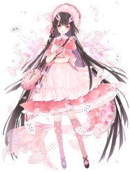  1girl black_hair black_shoes card chain_paradox clock colored_inner_hair dragon_tail dress full_body gloves highres horns long_hair multicolored_hair natsu_nts pink_dress pink_eyes pink_gloves pink_horns pink_thighhighs playing_card purple_hair sakura_shiki_(chain_paradox) shoes solo standing tail thigh-highs 