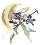  1other animal_ears anubimon anubis_(mythology) armlet artist_name baggy_pants black_hair bracelet claws digimon feathered_wings full_body green_eyes highres holding holding_polearm holding_weapon jewelry long_hair pants polearm simple_background solo topless_other twitter_logo twitter_username watermark weapon white_background white_pants white_wings wings youzaiyouzai112 