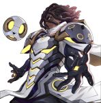  1boy absurdres armor artist_request atlas_(omega_strikers) ball black_gloves brown_hair cape dark-skinned_female dark_skin dreadlocks floating floating_ball foreshortening gloves highres non-web_source official_art omega_strikers orange_eyes parted_lips pauldrons serious shoulder_armor solo white_armor 