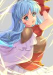  1girl aqua_eyes aqua_hair armor breastplate cape earrings edamameoka eirika_(fire_emblem) fire_emblem fire_emblem:_the_sacred_stones gloves highres holding holding_sword holding_weapon jewelry long_hair open_mouth red_gloves red_shirt shirt short_sleeves shoulder_armor skirt solo sword upper_body weapon white_cape white_skirt 