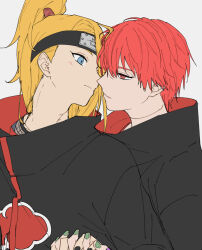  2boys akatsuki_uniform black_nails blue_eyes blush closed_mouth deidara_(naruto) face-to-face fishnet_top fishnets forehead forehead_protector green_nails hayamin35 high_ponytail highres holding_hands implied_yaoi looking_at_another male_focus multiple_boys nail_polish naruto_(series) naruto_shippuuden parted_lips ponytail red_eyes red_hair robe sasori_(naruto) short_hair simple_background white_background 