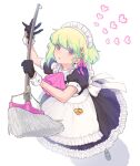  1boy alternate_costume alternate_hairstyle apron ascot back_bow black_dress bow braid dress from_above gloves green_hair hair_bow half_gloves heart highres holding holding_mop kome_1022 lio_fotia maid maid_apron maid_headdress male_focus mop name_tag open_mouth otoko_no_ko pink_ascot pink_bow promare puffy_short_sleeves puffy_sleeves short_hair short_sleeves simple_background solo violet_eyes white_background white_wrist_cuffs 