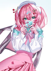  1girl absurdres blush cellphone fingernails hair_between_eyes hair_intakes hat highres holding holding_phone honkai_(series) hyacine_(honkai:_star_rail) jacket long_hair long_sleeves looking_at_viewer nail_polish phone pink_hair pink_jacket pink_nails pink_skirt ringeko-chan shirt skirt smartphone solo twintails white_background white_hat white_shirt 