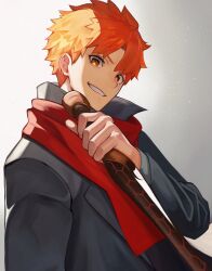  1boy absurdres black_coat brown_eyes coat commission emiya_shirou fate/stay_night fate_(series) genshu_doki highres holding holding_sword holding_weapon kanshou_&amp;_bakuya_(fate) male_focus red_hair red_scarf scarf skeb_commission sword weapon 
