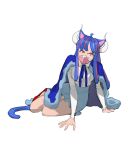  1girl ahoge animal_ears arm_support blue_cape blue_hair blue_skirt cape cat_ears cat_girl cat_tail covered_mouth curled_horns dinosaur_girl horns jewelry long_hair lowres mask mouth_mask multicolored_hair necklace one_piece pink_eyes pink_hair pink_mask raine_(acke2445) red_footwear shirt simple_background skirt solo streaked_hair tail ulti_(one_piece) white_background white_shirt 