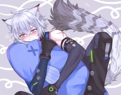  1boy animal_ears blue_eyes blush cat_boy cat_ears cat_tail hair_between_eyes holding holding_stuffed_toy izuru03 scar scar_on_shoulder seth_lowell short_hair stuffed_toy stuffed_whale tail white_hair zenless_zone_zero 