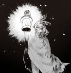  1girl cloak feathers greyscale hatching_(texture) highres holding holding_lantern hololive hololive_english hood hood_up hooded_cloak lantern light light_particles looking_at_viewer monochrome mumei_(song)_(hololive) nanashi_mumei open_mouth partially_shaded_face ribbon ryuuen_tanaka virtual_youtuber 