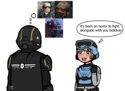  artist_name belt blonde_hair blue_eyes blush bulletproof_vest clenched_hand english_text game_screenshot_inset gloves headset helldiver_(helldivers) helldivers_(series) hernfha military_uniform open_mouth salute seaf_soldier_(helldivers) simple_background skull smile thinking white_background 