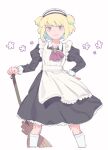  1boy :t alternate_costume alternate_hairstyle apron ascot blonde_hair broom commentary crossdressing hand_on_own_hip highres holding holding_broom juliet_sleeves kneehighs kome_1022 lio_fotia long_sleeves maid maid_apron maid_headdress male_focus otoko_no_ko promare puffy_sleeves red_ascot short_hair simple_background socks solo standing star_(symbol) symbol-only_commentary two_side_up violet_eyes white_background white_socks 
