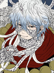  1boy bandage_on_face bandaged_arm bandaged_hand bandaged_head bandages bead_necklace beads blue_hair closed_mouth commentary commentary_request gintama gintama_movie_2:_yorozuya_yo_eien_nare gradient_hair hair_between_eyes hand_up jewelry looking_at_viewer male_focus multicolored_hair necklace official_alternate_costume pike_121 red_eyes red_scarf sakata_gintoki scarf short_hair smile solo two-tone_background two-tone_hair upper_body white_hair 